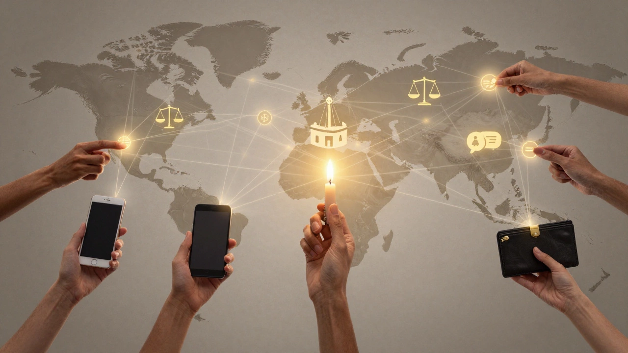 A global network of hands connected by light, forming a web over a world map with a burning candle at the center.