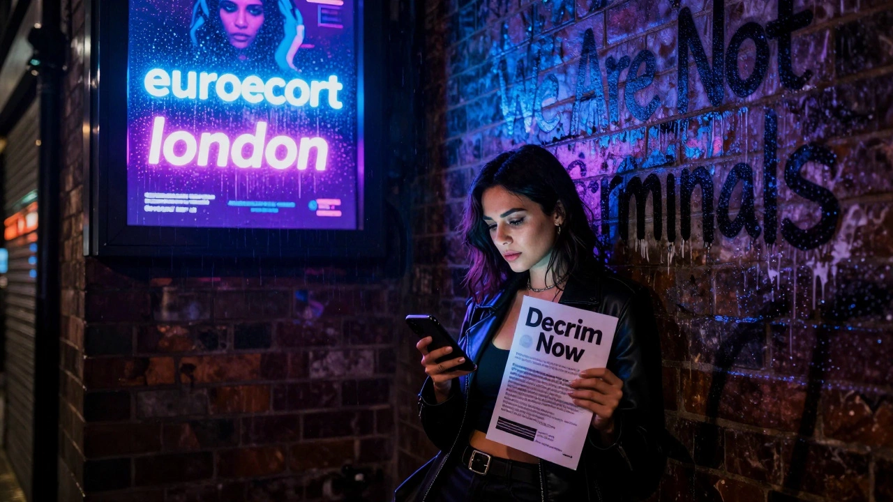 A sex worker in a London alley typing on a phone, neon ads flickering above, rain reflecting graffiti that reads &#039;We Are Not Criminals&#039;.